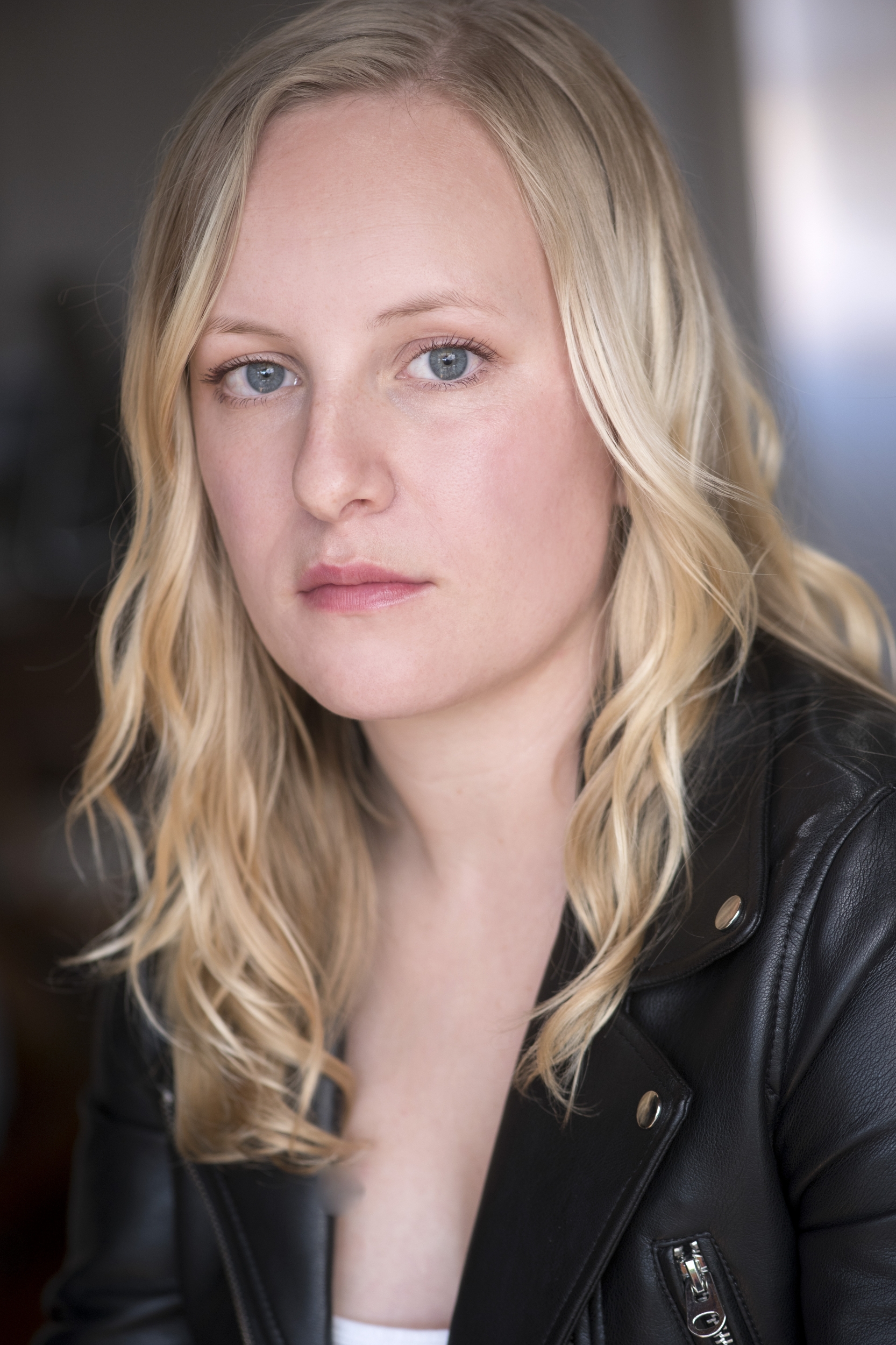 Chloe Greenfield Blonde Actor Headshot Leather Jacket Serious