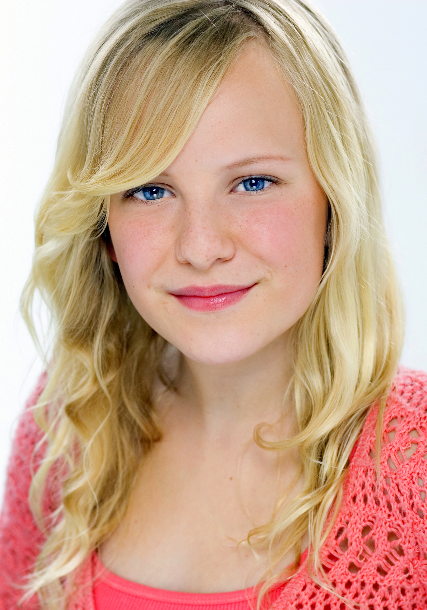 Chloe Greenfield Blonde Actor Headshot Smiling Straighforward Pink Shirt