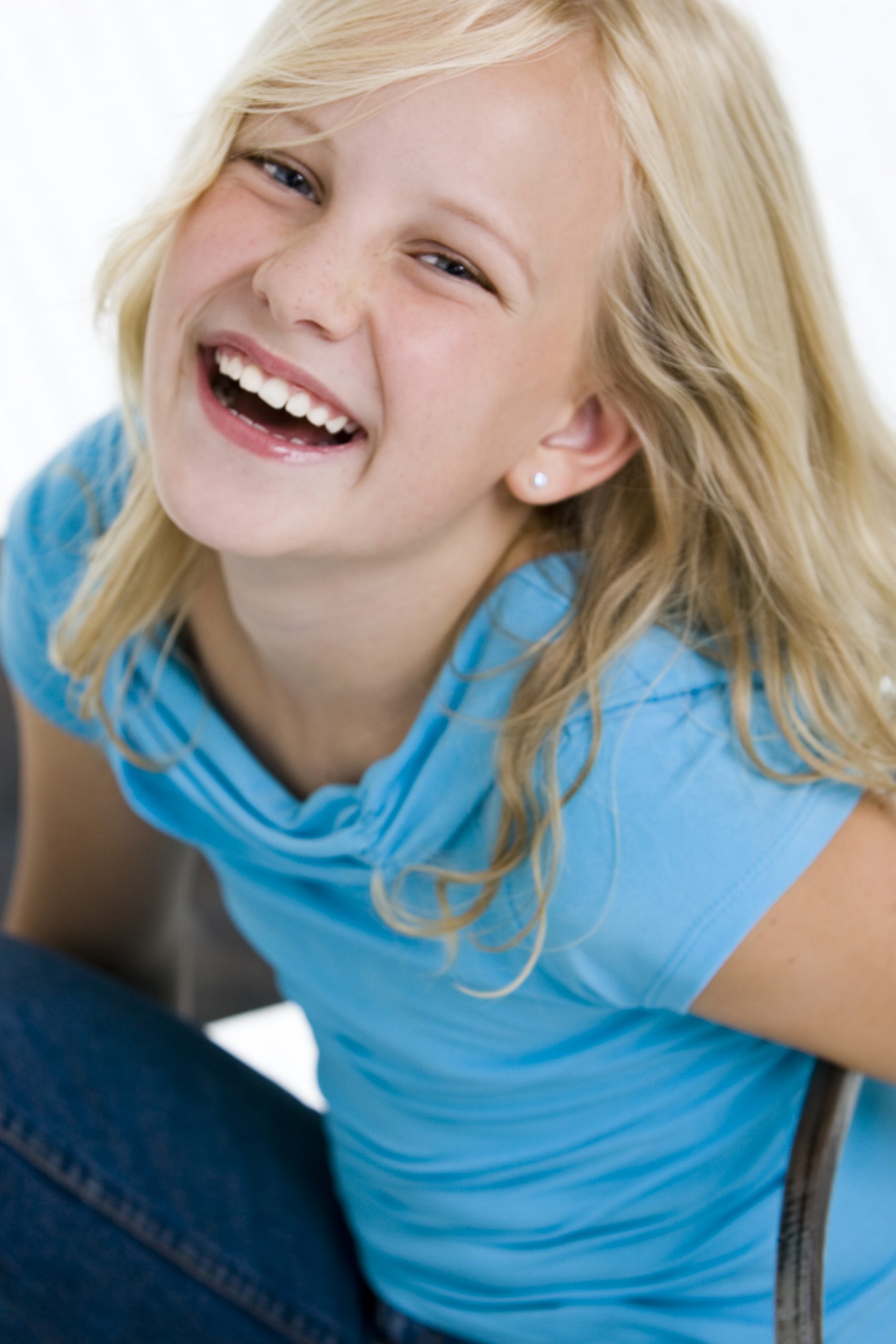 Chloe Greenfield Blonde Child Actor Headshot Laughing Blue Shirt